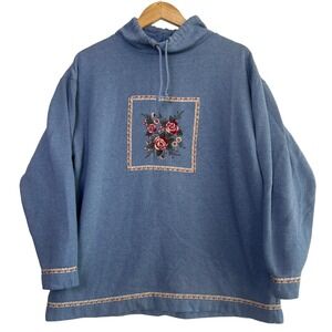 Vintage 90s Floral Embroidered Cottagecore Grandma Sweatshirt Blue Roses